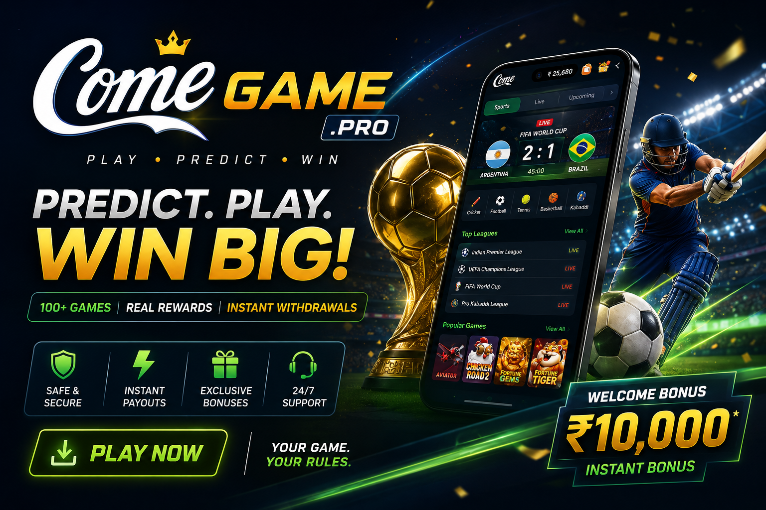 comegame official social banner featuring the brand and ₹10,000 welcome bonus