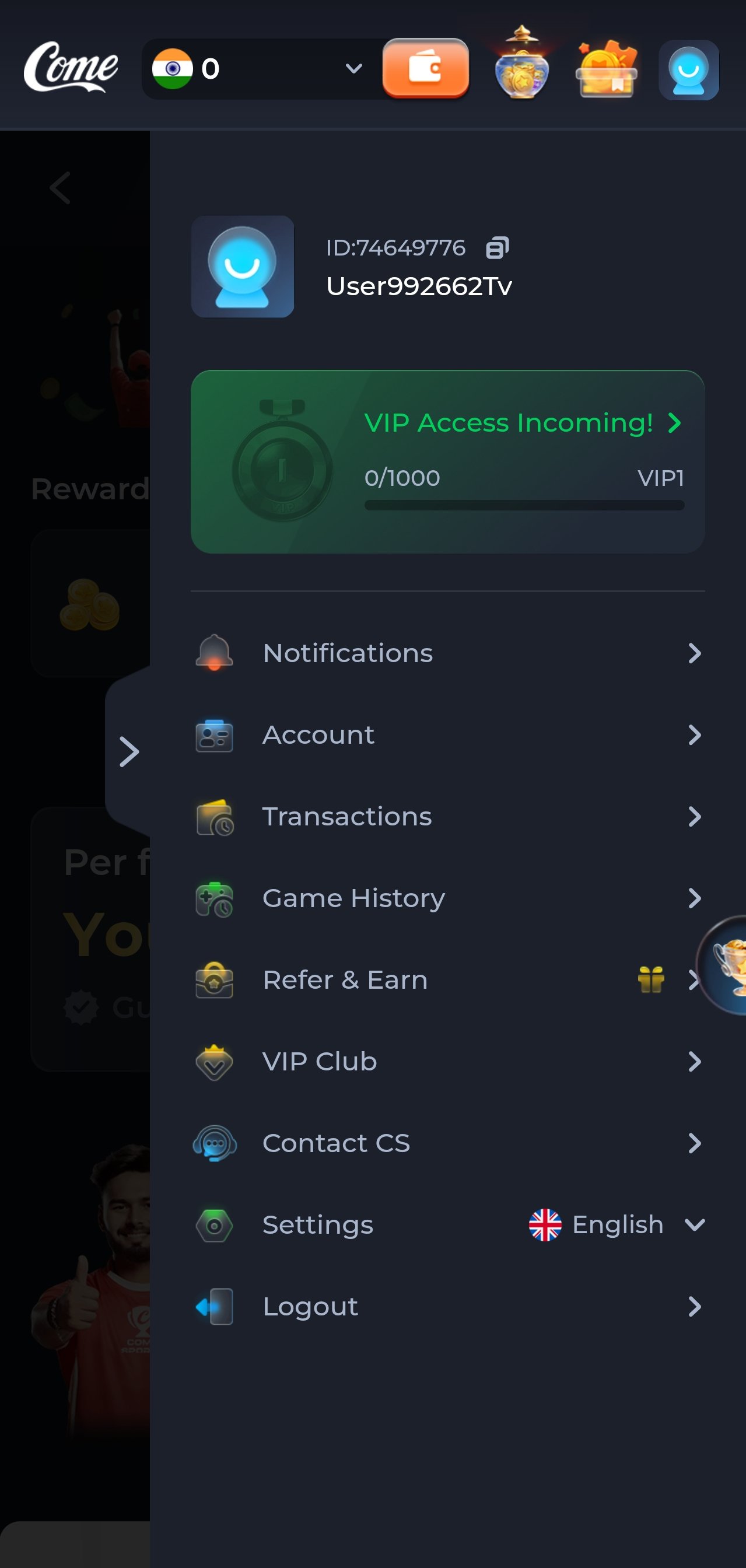 comegame app promotions screenshot